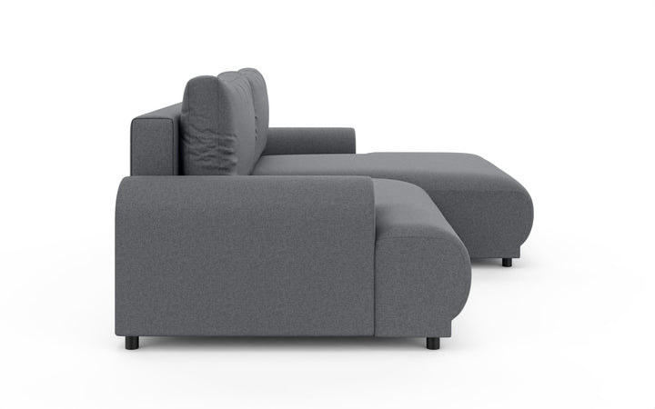 Ecksofa mit Schlaffunktion, Bettkasten, extrabreite Ottomane rechts, Strukturstoff Dunkelgrau / 21033