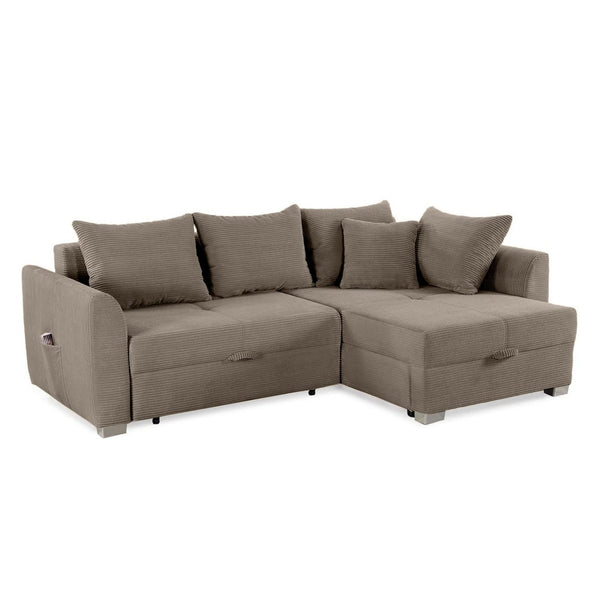 ECKSOFA mit Schlaffunktion und Bettkasten, seitenverkehrt montierbar 236/160/81 cm, Cord Braun Taupe / 15208
