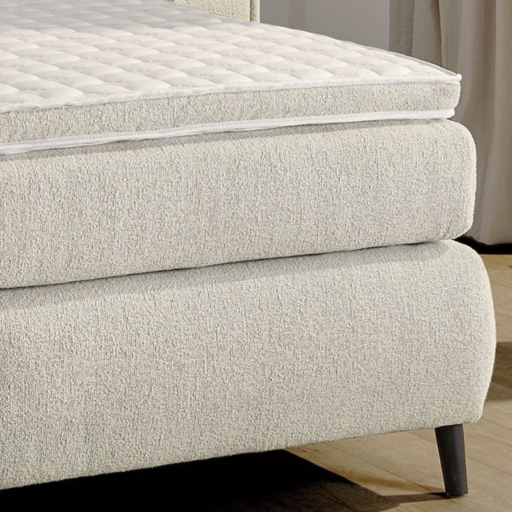 Boxspringbett 180x200 cm, Kopfteil m.Keder, 7-Zonen-Tonnentaschen-Federkernmatratzen H3+H4, Topper, Bonell-Federkern, Flachgewebe Beige Grau