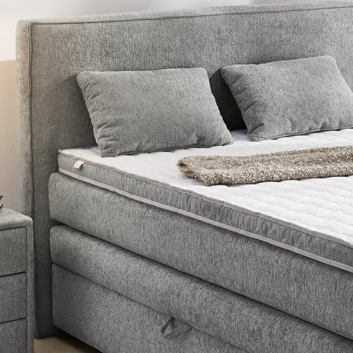 Boxspringbett 140x200 cm, 7-Zonen-Tonnentaschen-Federkernmatratze H4, Topper, Bonell-Federkern, 2 große Bettkästen, Chenille Grau