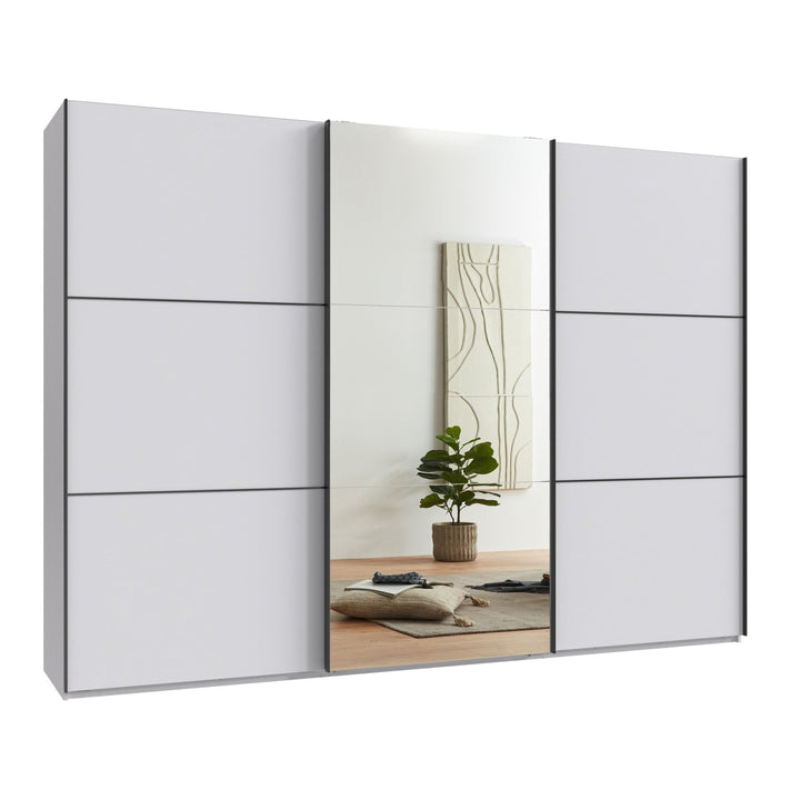 Schwebetürenschrank Kleiderschrank 3-türig B300/H216/T65 cm inkl. Vollausstattung in Weiß mit Spiegel
