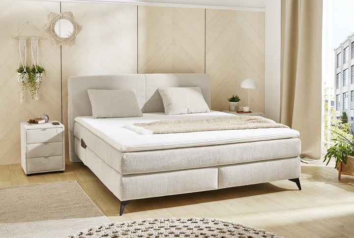 Boxspringbett 180x200 cm, 7-Zonen-Tonnentaschen-Federkernmatratzen H4, Topper, Bonell-Federkern, Beleuchtung, USB-Ladeports, Chenille Beige