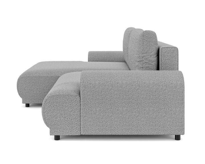 Ecksofa mit Schlaffunktion, Bettkasten, extrabreite Ottomane links, Bouclé Grau / 21030