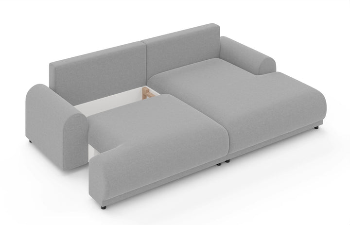 Ecksofa mit Schlaffunktion, Bettkasten, extrabreite Ottomane rechts, Chenille Hellgrau / 21025