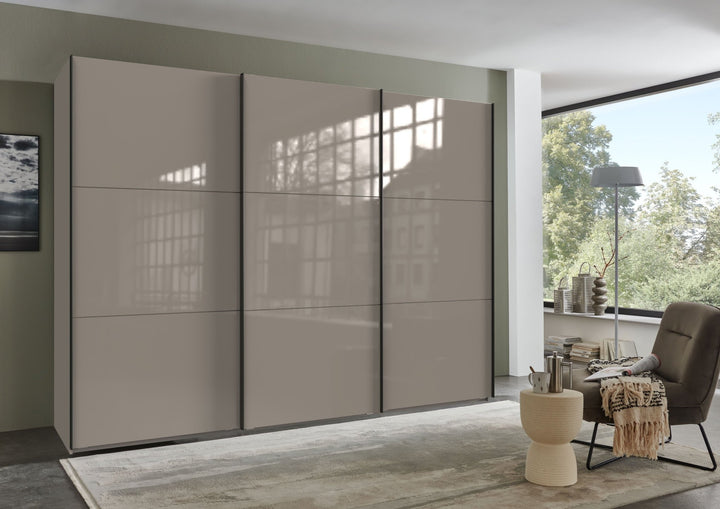 Schwebetürenschrank Kleiderschrank 3-türig B300/H216/T65 cm in Sand Grau mit Glasfront inkl. Vollausstattung