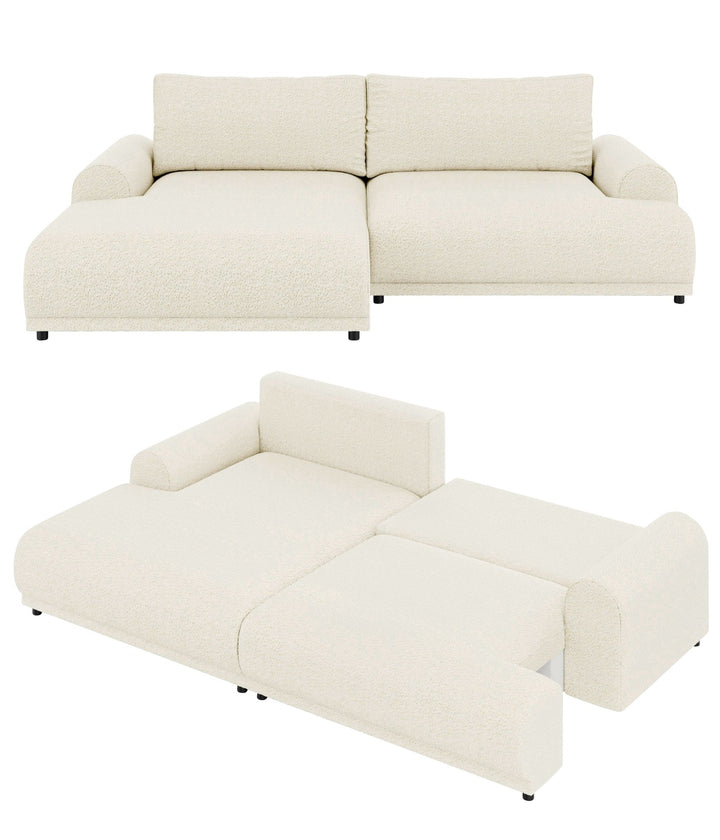 Ecksofa mit Schlaffunktion, Bettkasten, extrabreite Ottomane links, Bouclé Beige Creme / 21028