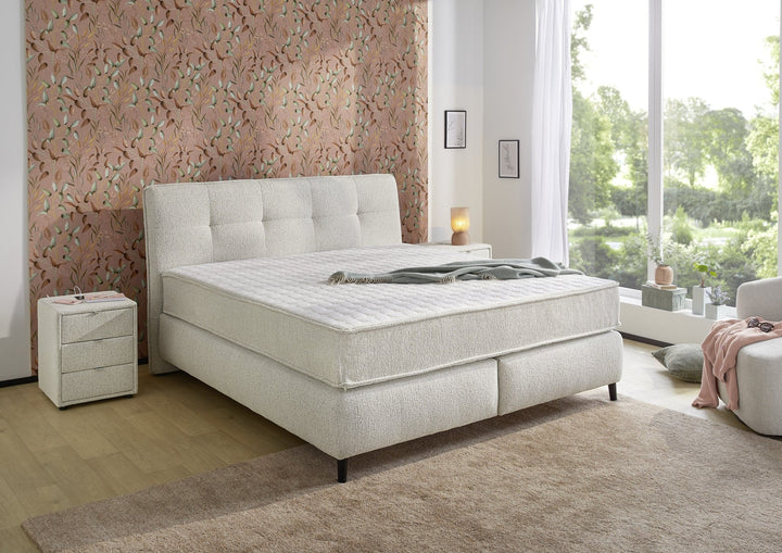 Boxspringbett 180x200 cm, extradicke 7-Zonen-Tonnentaschen-Federkern-Wendematratzen H3/H4, Bonell-Federkern, Flachgewebe Beige Grau