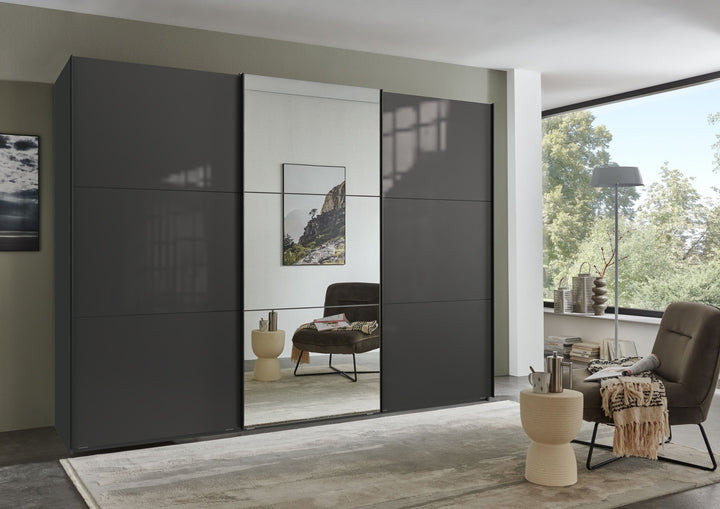Schwebetürenschrank Kleiderschrank 3-türig B300/H216/T65 cm in Anthrazit mit Glasfront und Spiegel inkl. Vollausstattung