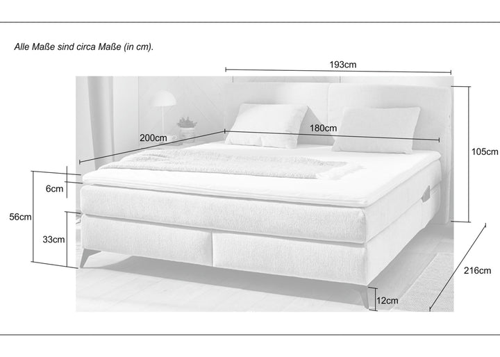 Boxspringbett 180x200 cm, 7-Zonen-Tonnentaschen-Federkernmatratzen H3+H4, Topper,Bonell-Federkern,Beleuchtung,USB-Ladeports, Chenille Dunkelgrau