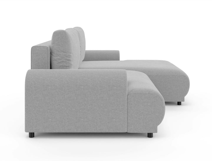 Ecksofa mit Schlaffunktion, Bettkasten, extrabreite Ottomane rechts, Chenille Hellgrau / 21025