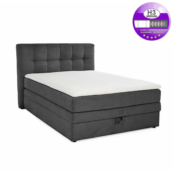 Boxspringbett 140x200 cm, 7-Zonen-Tonnentaschen-Federkernmatratze H3, Topper, Bonell-Federkern, großer Bettkasten, Cord Grau Anthrazit
