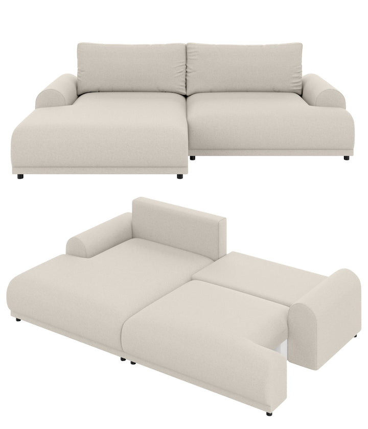 Ecksofa mit Schlaffunktion, Bettkasten, extrabreite Ottomane links, Strukturstoff Beige / 21032