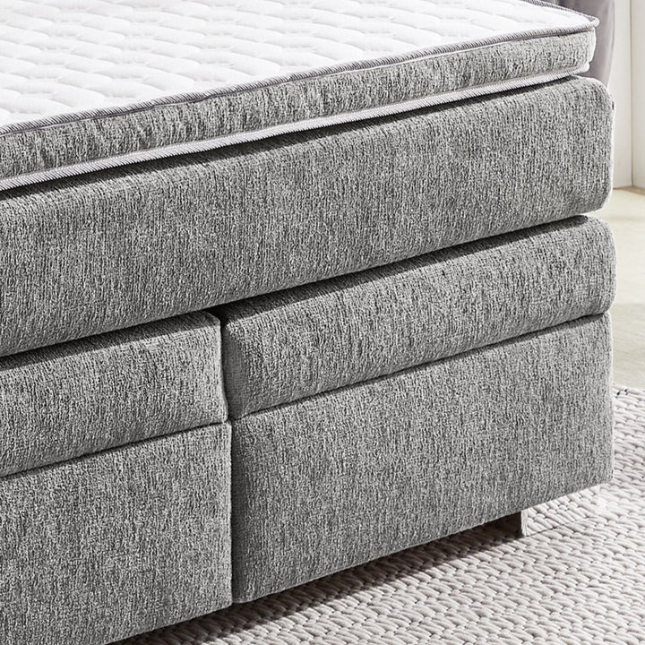 Boxspringbett 140x200 cm, 7-Zonen-Tonnentaschen-Federkernmatratze H4, Topper, Bonell-Federkern, 2 große Bettkästen, Chenille Grau