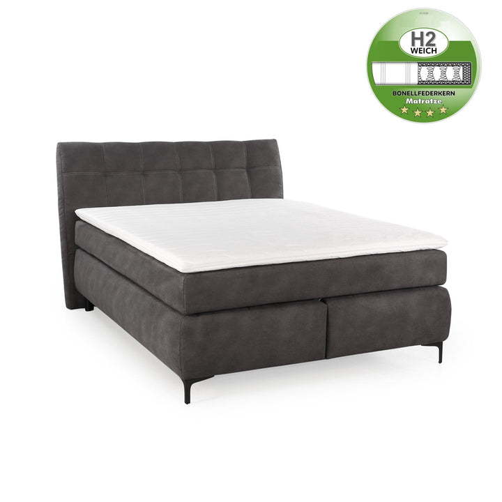 Boxspringbett 140x200 cm mit Bonell-Federkernmatratze H2 inkl. Topper, Bonell-Federkernpolsterung, Mikrofaser-Bezug in Dunkelgrau