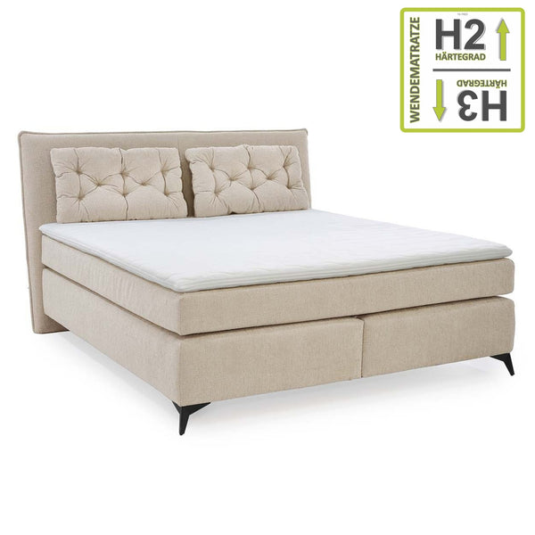 Boxspringbett 180x200 cm mit Bonell-Wende-Federkernmatratzen H2/H3, Bonell-Federkernpolsterung, PU-Schaum-Topper, 2 Kissen, Chenille Beige