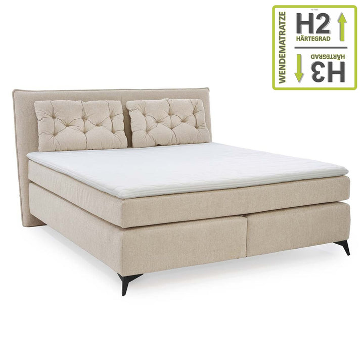 Boxspringbett 180x200 cm mit Bonell-Wende-Federkernmatratzen H2/H3, Bonell-Federkernpolsterung, PU-Schaum-Topper, 2 Kissen, Chenille Beige