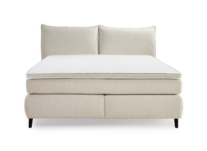 Boxspringbett 180x200 cm, Kopfteil m.Keder, 7-Zonen-Tonnentaschen-Federkernmatratzen H3+H4, Topper, Bonell-Federkern, Flachgewebe Beige Grau