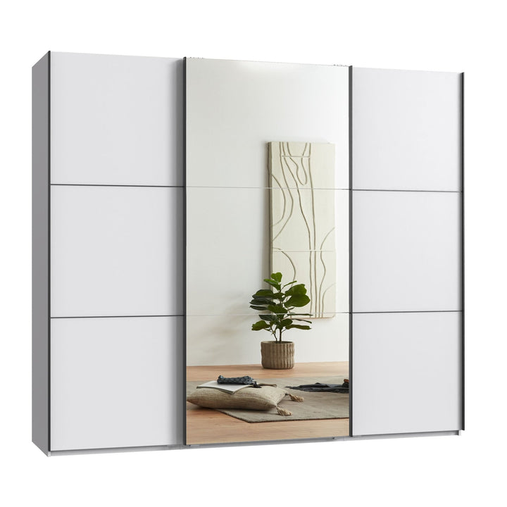 Schwebetürenschrank Kleiderschrank 3-türig B250/H216/T65 cm inkl. Vollausstattung in Weiß mit Spiegel