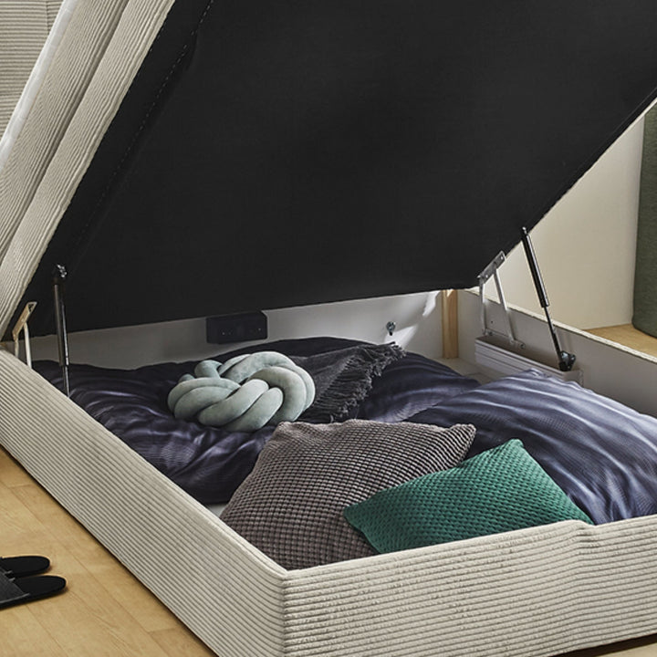 Boxspringbett 140x200 cm, 7-Zonen-Tonnentaschen-Federkernmatratze H3, Topper, Bonell-Federkern, großer Bettkasten, Cord Beige Grau