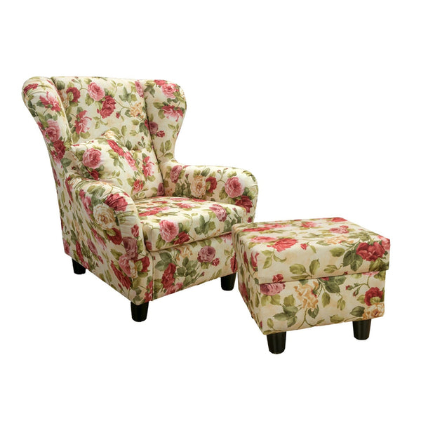 Ohrensessel mit Hocker im modernem Landhausstil, Lesesessel mit hohem Sitzkomfort durch Wellenunterfederung, bequemer Polstersessel mit Webstoff im Blumenmuster
