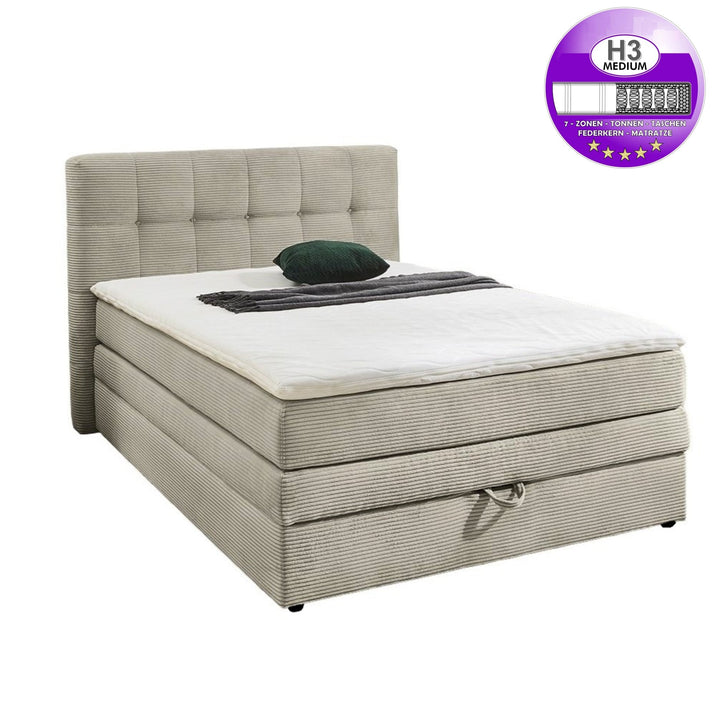 Boxspringbett 140x200 cm, 7-Zonen-Tonnentaschen-Federkernmatratze H3, Topper, Bonell-Federkern, großer Bettkasten, Cord Beige Grau