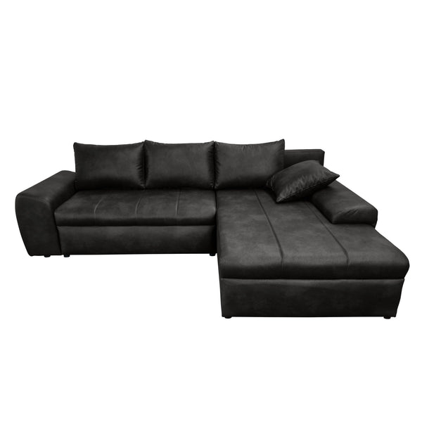 ECKSOFA mit Schlaffunktion, Bettkasten, Wellenunterfederung, Ottomane rechts 266/186/90 cm, Mikrofaser Leder-Optik Vintage Schwarz / 18013