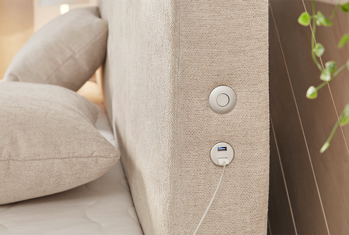 Boxspringbett 180x200 cm, 7-Zonen-Tonnentaschen-Federkernmatratzen H3+H4, Topper, Bonell-Federkern, Beleuchtung, USB-Ladeports, Chenille Beige