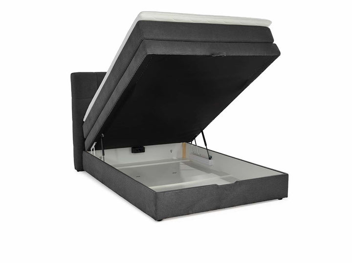 Boxspringbett 140x200 cm, 7-Zonen-Tonnentaschen-Federkernmatratze H3, Topper, Bonell-Federkern, großer Bettkasten, Cord Grau Anthrazit