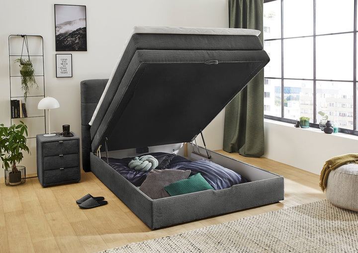 Boxspringbett 140x200 cm, 7-Zonen-Tonnentaschen-Federkernmatratze H3, Topper, Bonell-Federkern, großer Bettkasten, Cord Grau Anthrazit