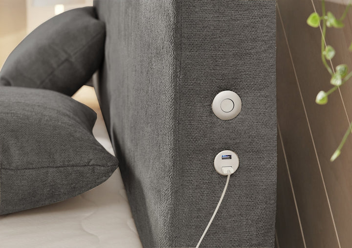 Boxspringbett 160/200 cm, 7-Zonen-Tonnentaschen-Federkernmatratzen H4, Topper, Bonell-Federkern, Beleuchtung,USB-Ladeports, Chenille Dunkelgrau