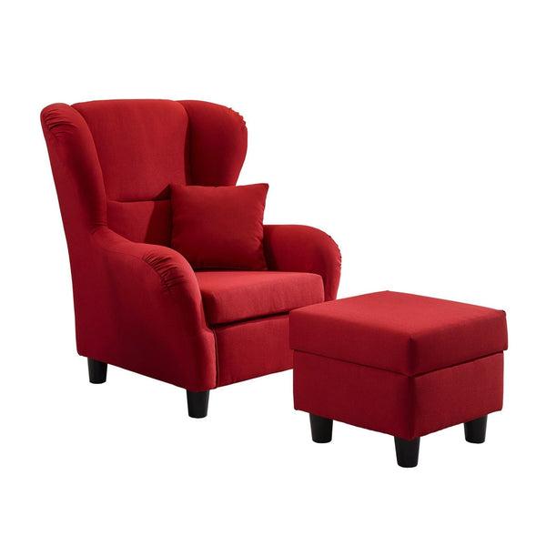 OHRENSESSEL mit HOCKER, hoher Sitzkomfort durch Wellenunterfederung B90/H98/T76 cm, Strukturstoff Rot / 18002