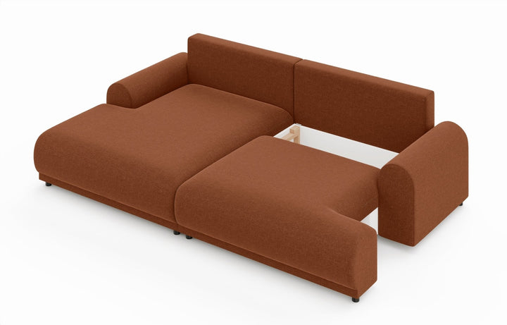 Ecksofa mit Schlaffunktion, Bettkasten, extrabreite Ottomane links, Chenille Terracotta / 21024