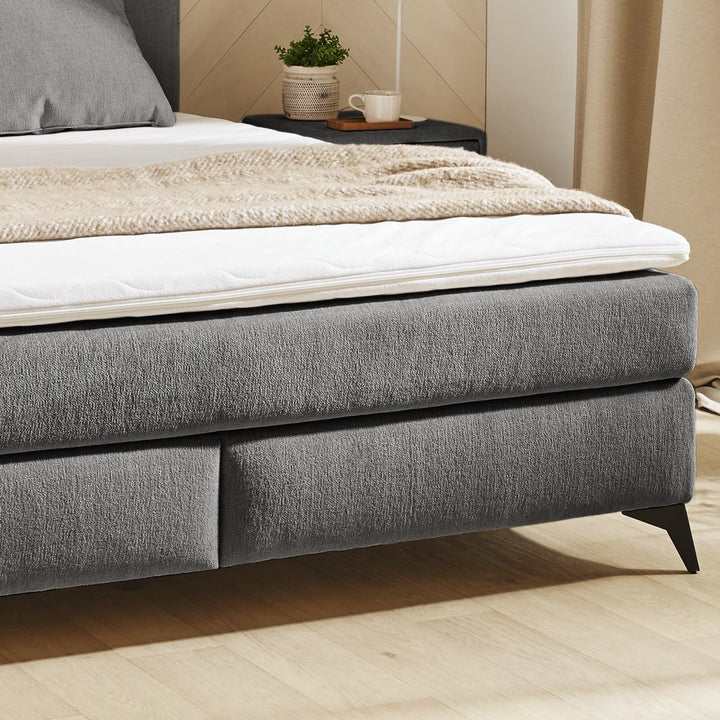 Boxspringbett 180x200 cm, 7-Zonen-Tonnentaschen-Federkernmatratzen H3, Topper, Bonell-Federkern, Beleuchtung,USB-Ladeports, Chenille Dunkelgrau
