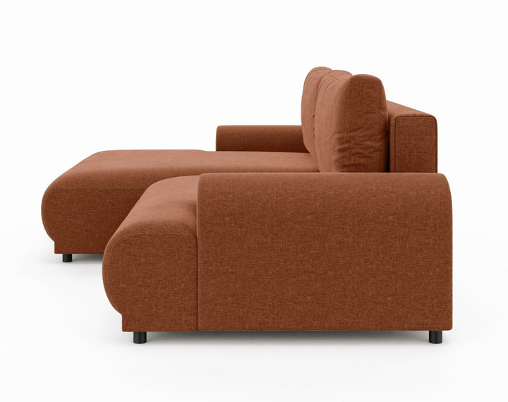 Ecksofa mit Schlaffunktion, Bettkasten, extrabreite Ottomane links, Chenille Terracotta / 21024