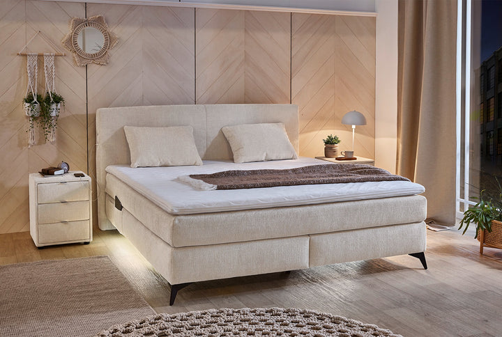 Boxspringbett 180x200 cm, 7-Zonen-Tonnentaschen-Federkernmatratzen H4, Topper, Bonell-Federkern, Beleuchtung, USB-Ladeports, Chenille Beige
