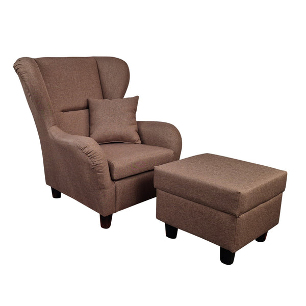 Ohrensessel mit Hocker im modernem Landhausstil, Lesesessel mit hohem Sitzkomfort durch Wellenunterfederung, bequemer Polstersessel mit Strukturstoff in Braun
