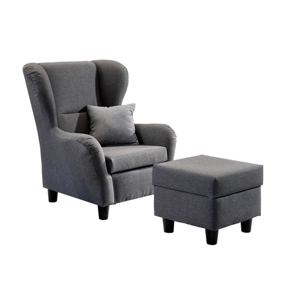 OHRENSESSEL mit HOCKER, hoher Sitzkomfort durch Wellenunterfederung B90/H98/T76 cm, Strukturstoff Grau / 18001