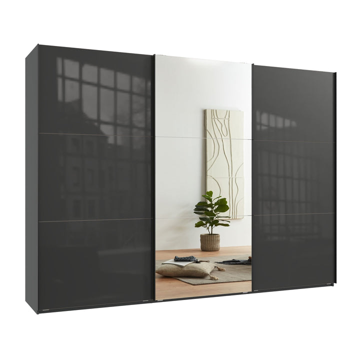 Schwebetürenschrank Kleiderschrank 3-türig B300/H216/T65 cm in Anthrazit mit Glasfront und Spiegel inkl. Vollausstattung