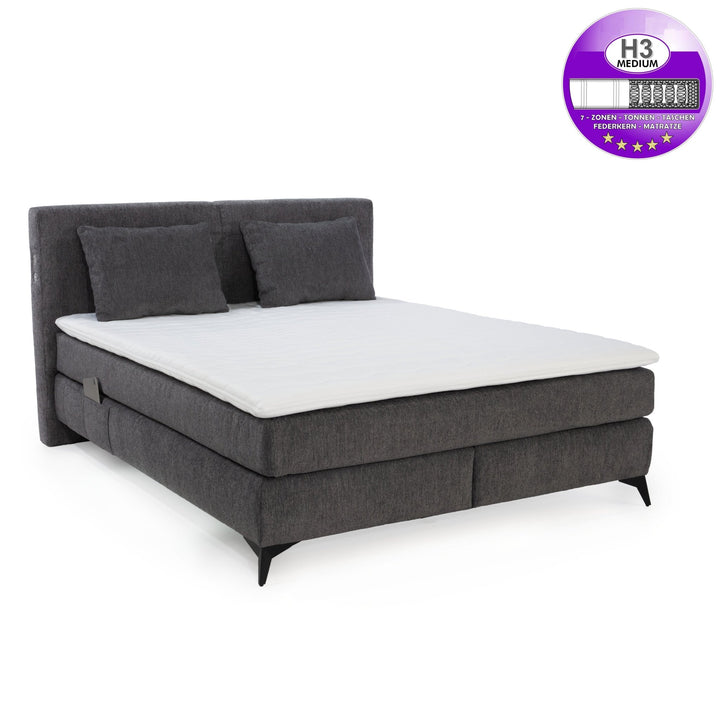 Boxspringbett 160/200 cm, 7-Zonen-Tonnentaschen-Federkernmatratzen H3, Topper, Bonell-Federkern, Beleuchtung,USB-Ladeports, Chenille Dunkelgrau