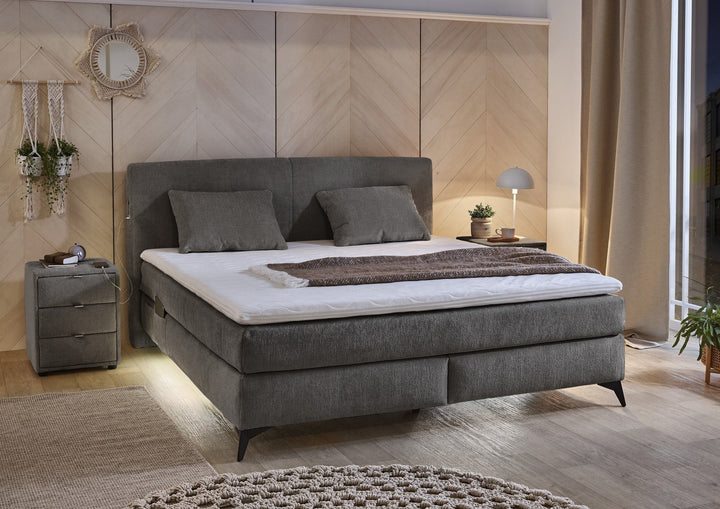 Boxspringbett 180x200 cm, 7-Zonen-Tonnentaschen-Federkernmatratzen H3, Topper, Bonell-Federkern, Beleuchtung,USB-Ladeports, Chenille Dunkelgrau