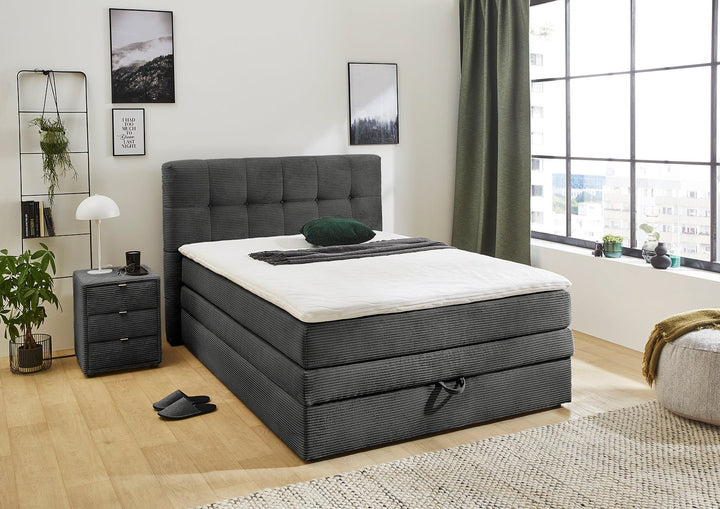 Boxspringbett 140x200 cm, 7-Zonen-Tonnentaschen-Federkernmatratze H3, Topper, Bonell-Federkern, großer Bettkasten, Cord Grau Anthrazit