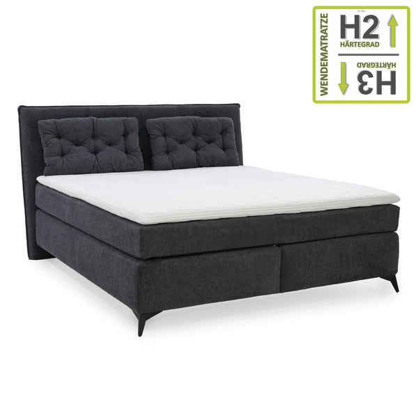 Boxspringbett 180x200 cm mit Bonell-Wende-Federkernmatratzen H2/H3, Bonell-Federkernpolsterung, PU-Schaum-Topper, 2 Kissen, Chenille Anthrazit