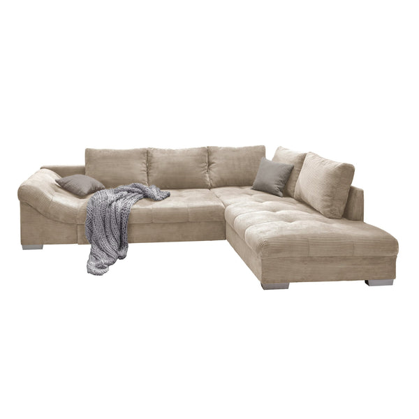 ECKSOFA mit Schlaffunktion, Wellenunterfederung, Ottomane rechts 298/202/84 cm, Cord Beige / 17203