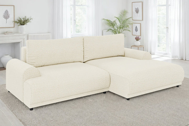 Ecksofa mit Schlaffunktion, Bettkasten, extrabreite Ottomane rechts, Bouclé Beige Creme / 21027