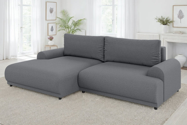 Ecksofa mit Schlaffunktion, Bettkasten, extrabreite Ottomane links, Strukturstoff Dunkelgrau / 21034