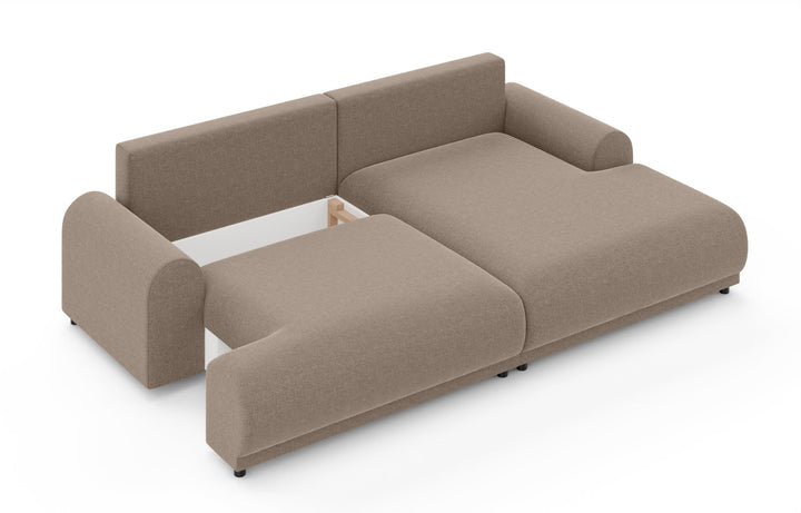 Ecksofa mit Schlaffunktion, Bettkasten, extrabreite Ottomane rechts, Chenille Hellbraun / 21021