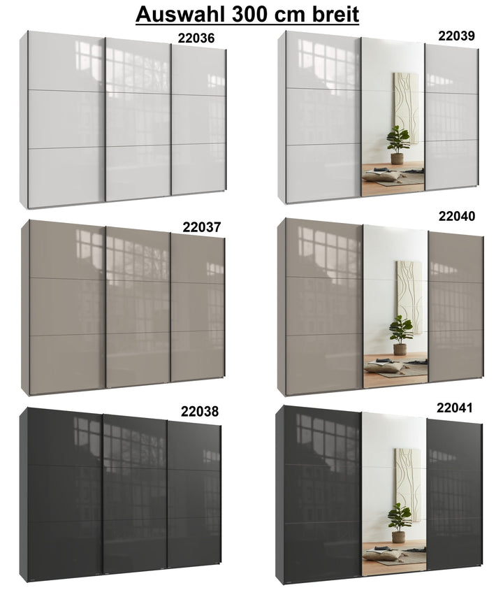 Schwebetürenschrank Kleiderschrank 3-türig B300/H216/T65 cm in Sand Grau mit Glasfront inkl. Vollausstattung