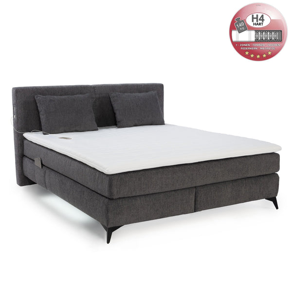 Boxspringbett 180x200 cm, 7-Zonen-Tonnentaschen-Federkernmatratzen H4, Topper, Bonell-Federkern, Beleuchtung,USB-Ladeports, Chenille Dunkelgrau