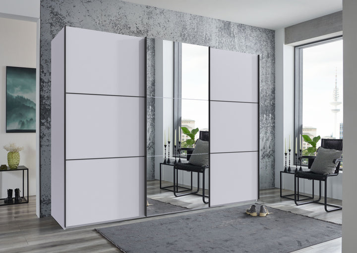 Schwebetürenschrank Kleiderschrank 3-türig B300/H216/T65 cm inkl. Vollausstattung in Weiß mit Spiegel