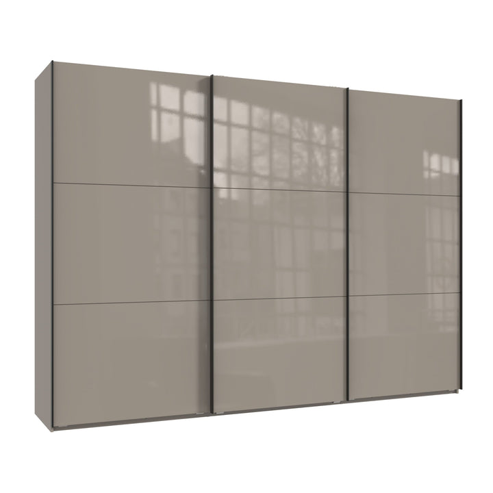 Schwebetürenschrank Kleiderschrank 3-türig B300/H216/T65 cm in Sand Grau mit Glasfront inkl. Vollausstattung